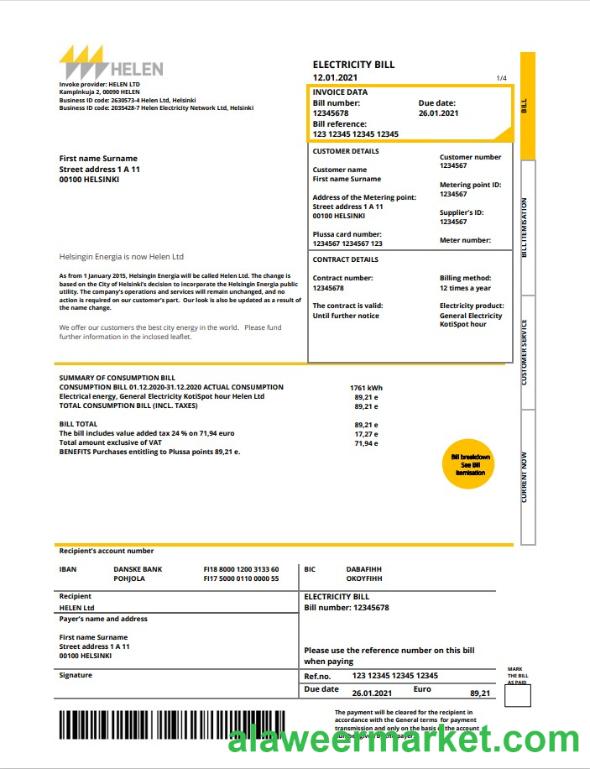 Finland HELEN utility bill template in Word and PDF format